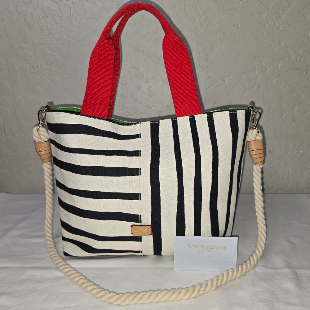 Francis Valentine Black & White Stripe-Red Handle Nautical Tote With Rope Strap